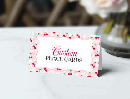 Pink Cherry Gingham Place Cards Template, Coquette Sweet Cherry Baby Shower, Pastel Gingham Bridal Brunch, Girl Birthday Party Decor WP1071