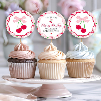 Pink Cherry Gingham Cupcake Toppers Printable, Cherry on Top Baby Shower, Pastel Pink Baby Shower Theme, Tying the Knot Bridal Shower WP1060