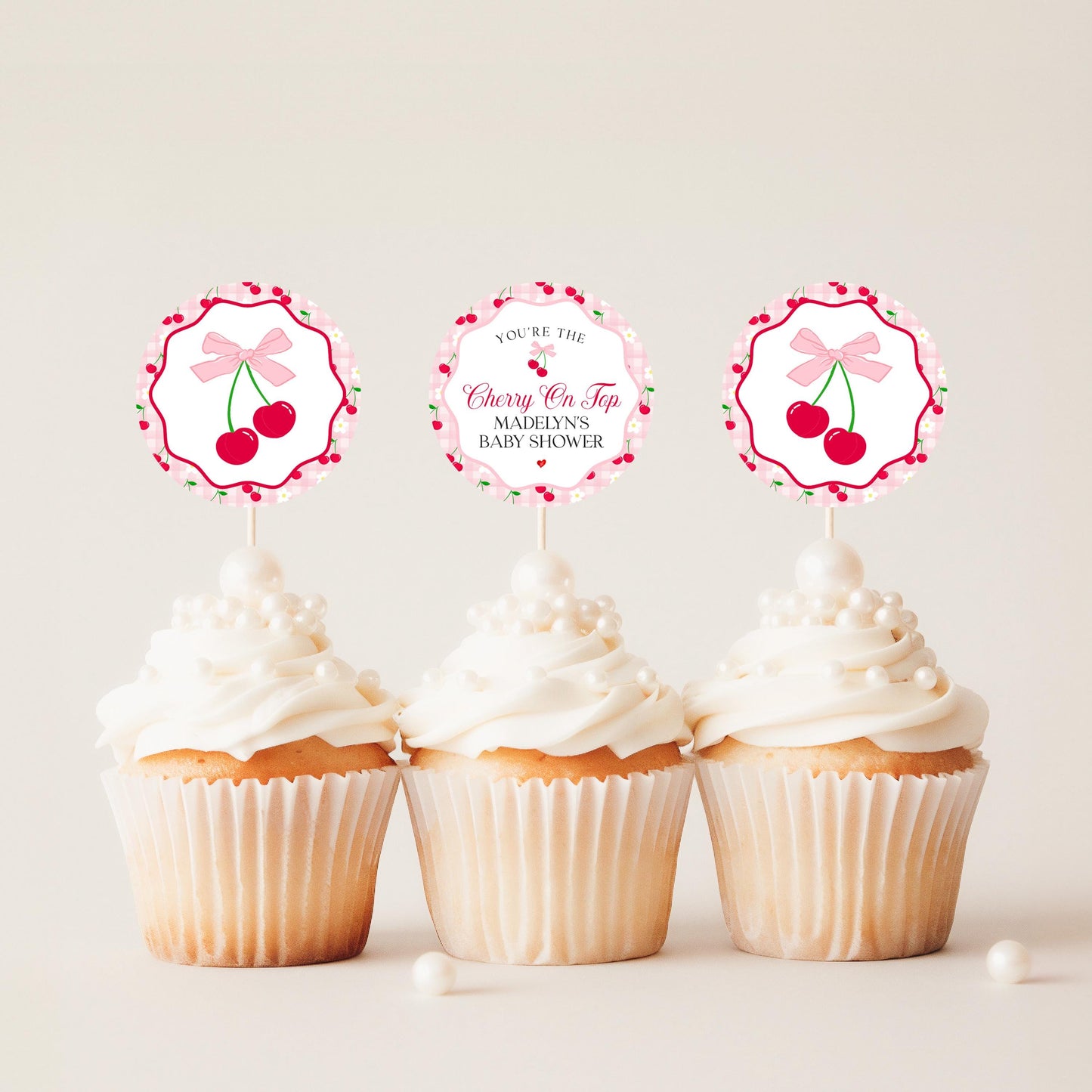 Pink Cherry Gingham Cupcake Toppers Printable, Cherry on Top Baby Shower, Pastel Pink Baby Shower Theme, Tying the Knot Bridal Shower WP1060