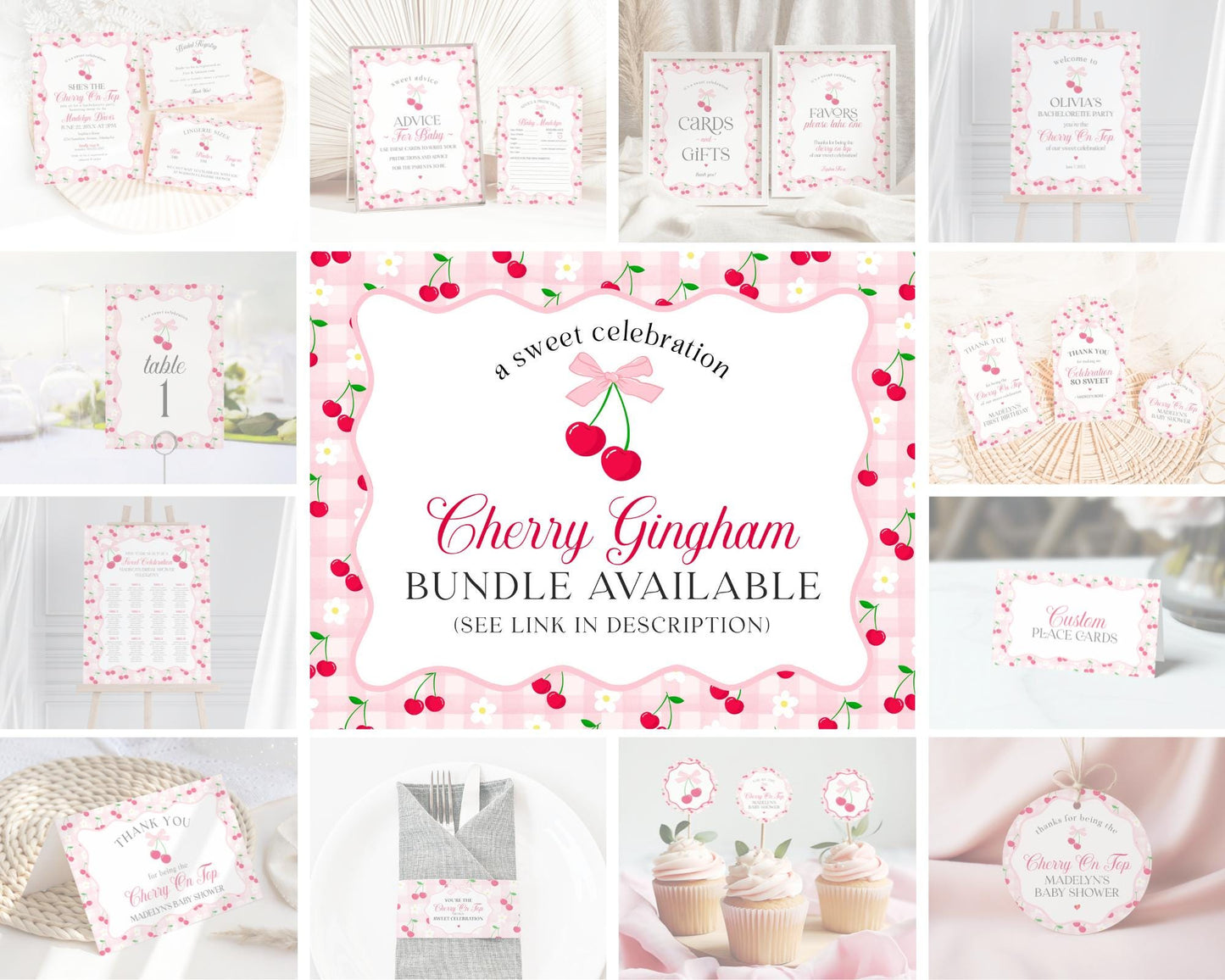 Pink Cherry Gingham Birthday Party Favor Tags Template, Sweet Coquette Cherry First Celebration, Pastel Gingham Party Favors WP1071