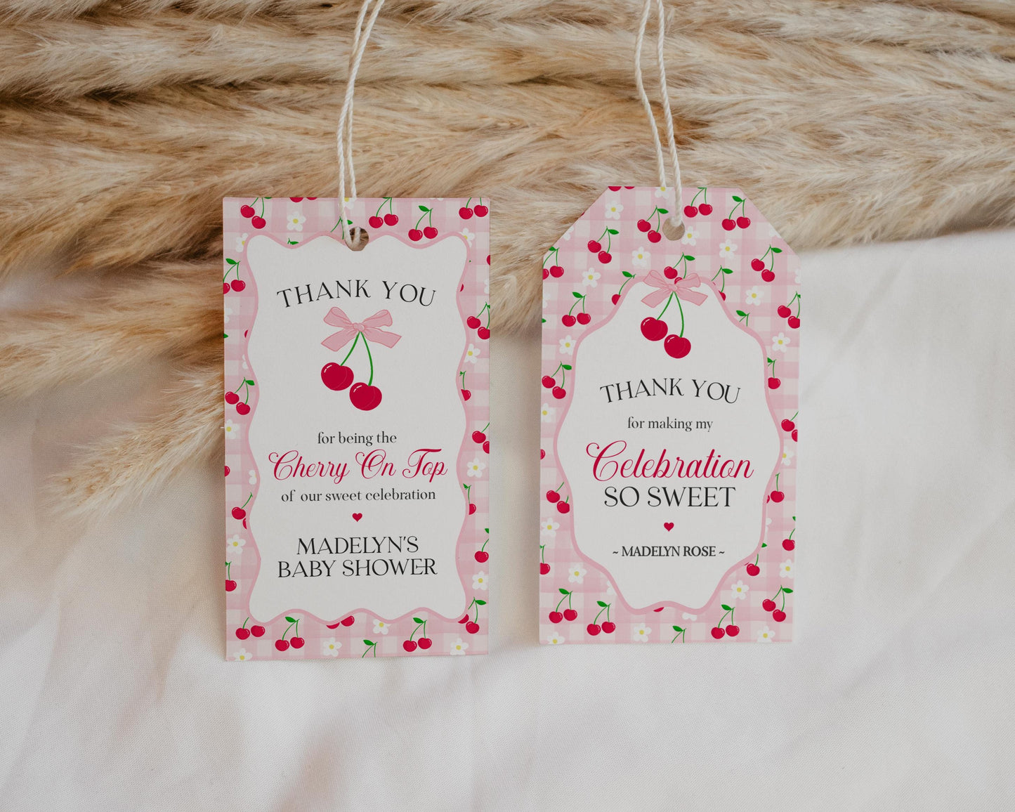 Pink Cherry Gingham Baby Shower Favor Tags Template, Coquette Sweet Cherry on Top Baby Sprinkle, Pastel Gingham Nesting Party Favors WP1071