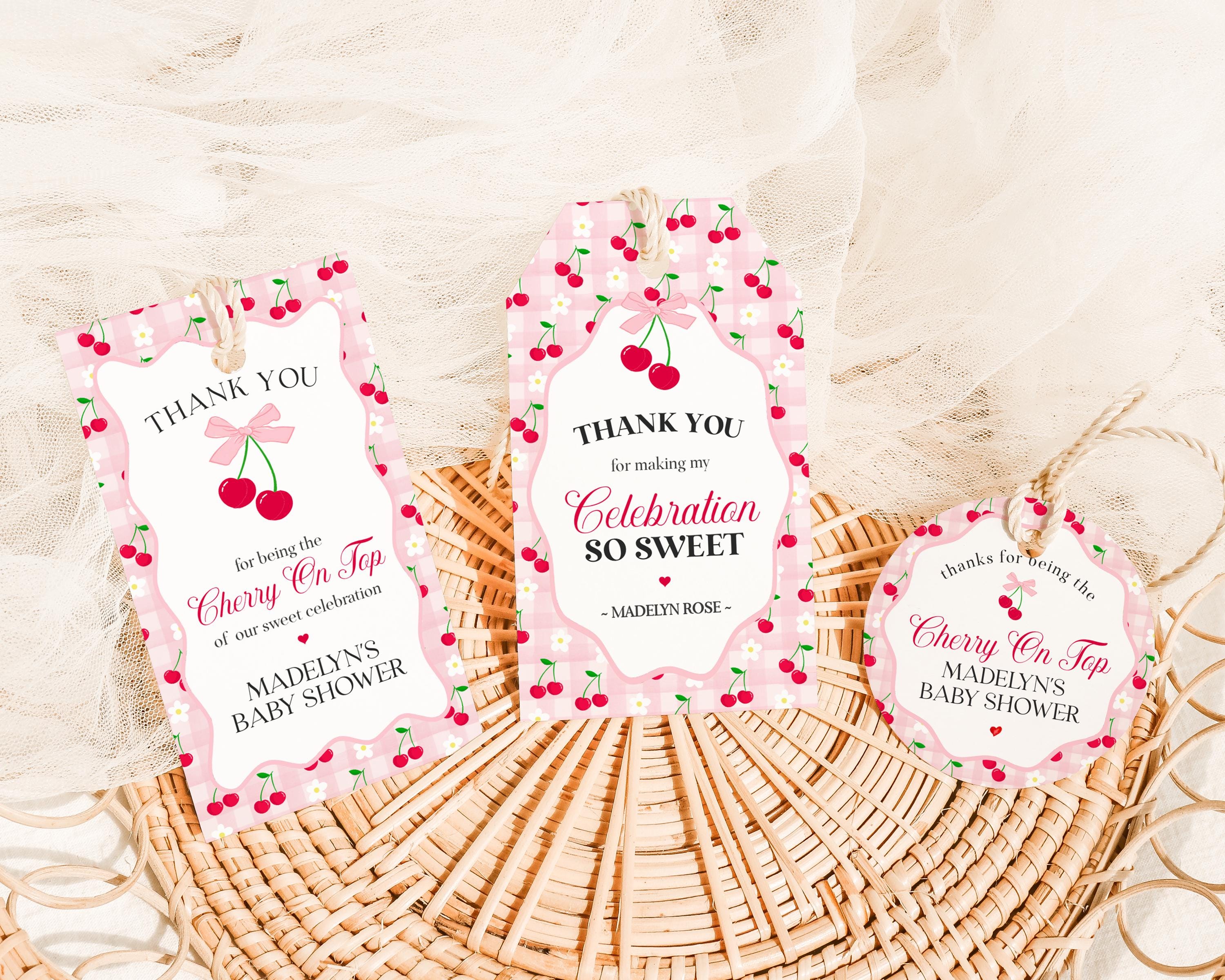 Pink Cherry Gingham Baby Shower Favor Tags Template, Coquette Sweet Cherry on Top Baby Sprinkle, Pastel Gingham Nesting Party Favors WP1071