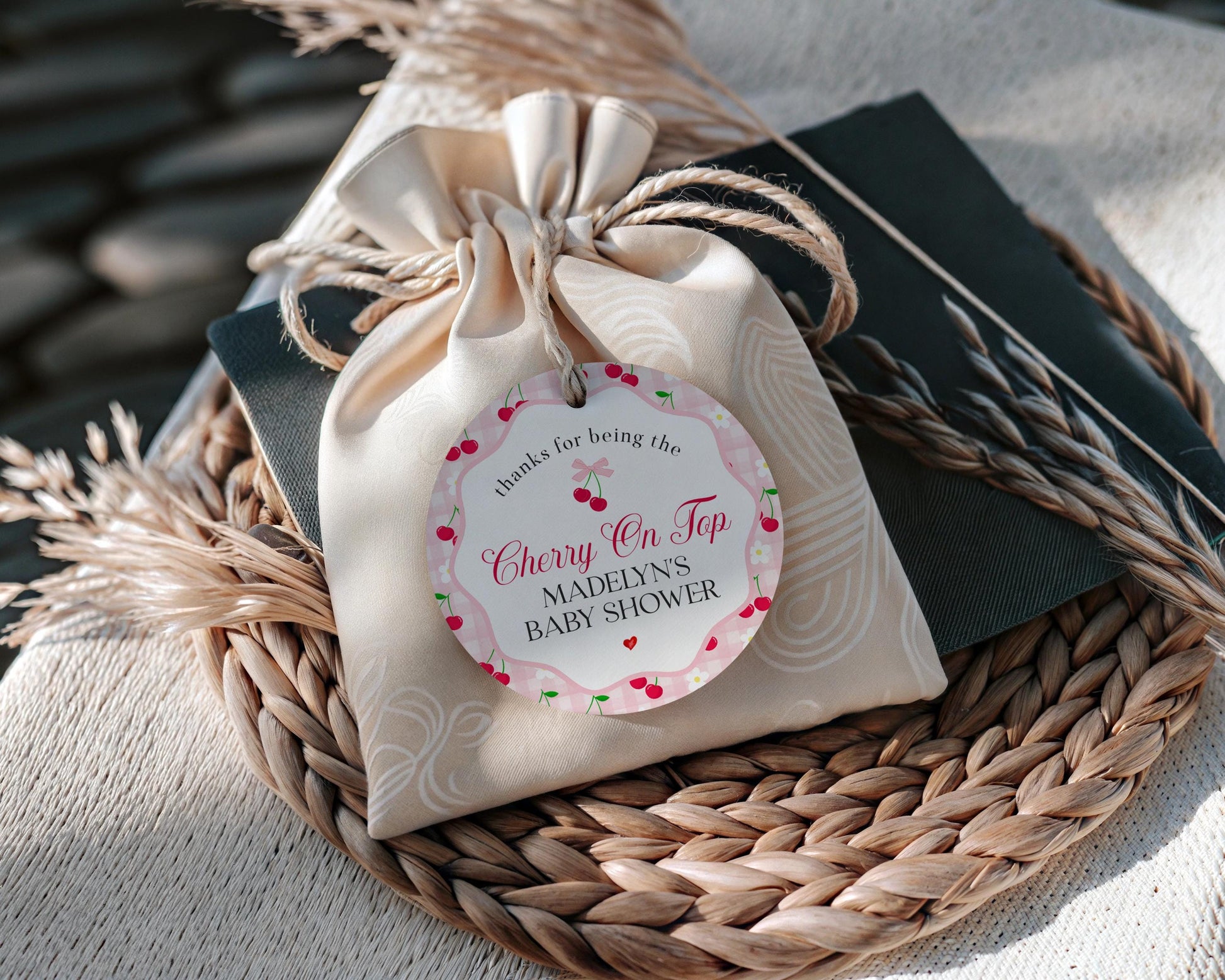 Pink Cherry Gingham Bridal Shower Favor Tags Template, Coquette Cherry Sweet Bridal Brunch, Pastel Gingham Engagement Party Favors WP1071