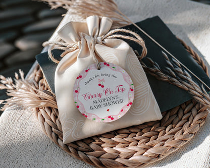 Pink Cherry Gingham Birthday Party Favor Tags Template, Sweet Coquette Cherry First Celebration, Pastel Gingham Party Favors WP1071