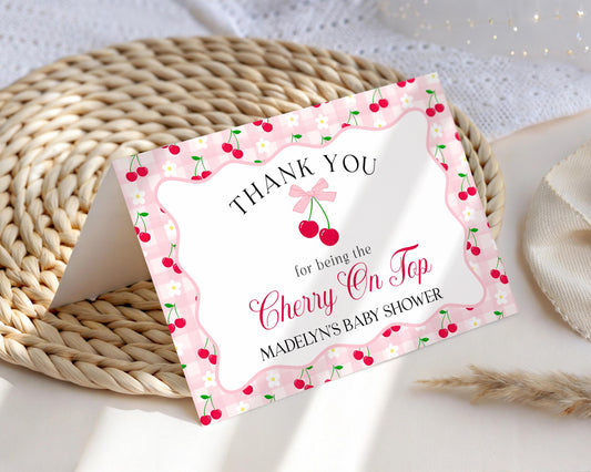 Pink Cherry Gingham Thank You Card Template, Coquette Sweet Cherry Baby Shower, Pastel Gingham Bridal Brunch, Girl Birthday Party WP1071
