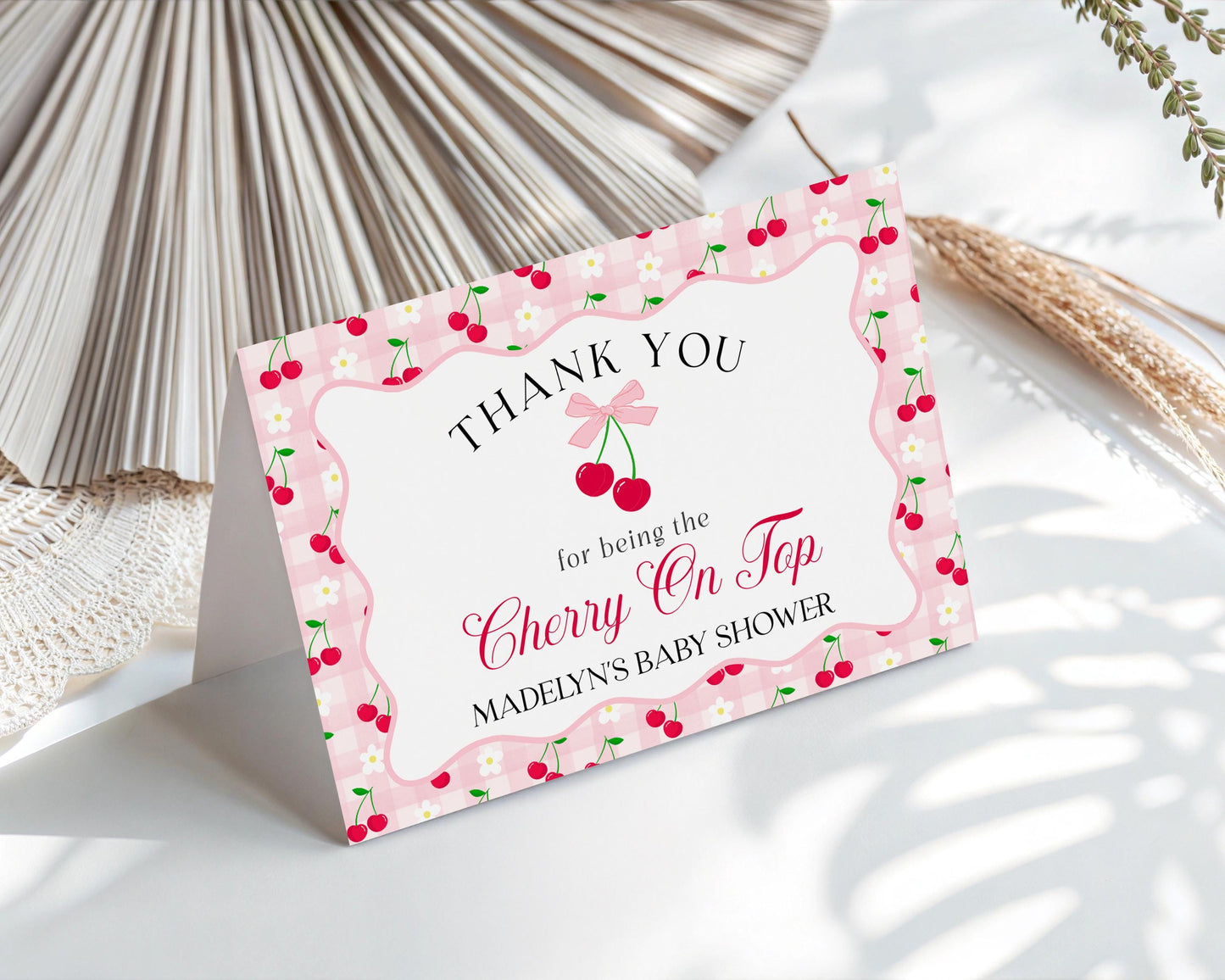 Pink Cherry Gingham Thank You Card Template, Coquette Sweet Cherry Baby Shower, Pastel Gingham Bridal Brunch, Girl Birthday Party WP1071