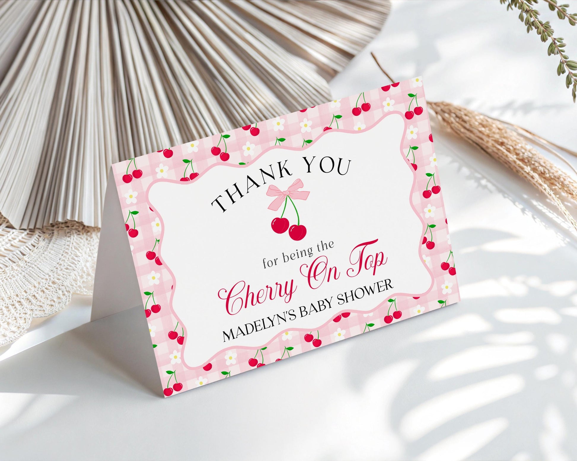 Pink Cherry Gingham Thank You Card Template, Coquette Sweet Cherry Baby Shower, Pastel Gingham Bridal Brunch, Girl Birthday Party WP1071