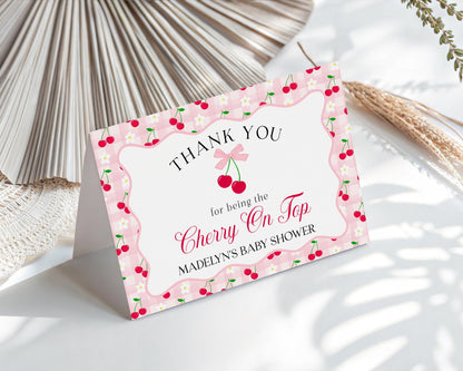 Pink Cherry Gingham Thank You Card Template, Coquette Sweet Cherry Baby Shower, Pastel Gingham Bridal Brunch, Girl Birthday Party WP1071
