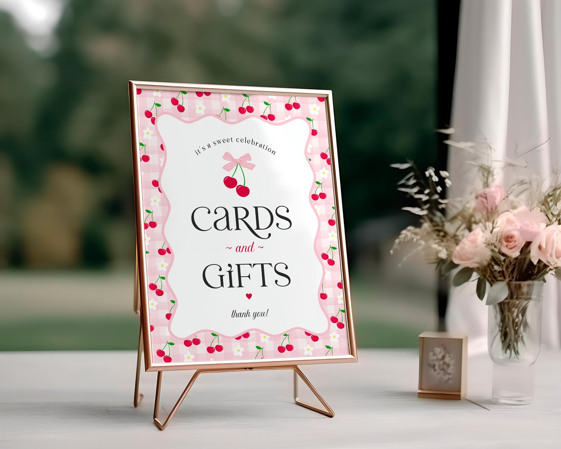 Pink Cherry Gingham Cards & Gifts and Favors Sign Template Set, Coquette Baby Shower, Pastel Bridal Brunch, Girl Birthday Party Decor WP1071