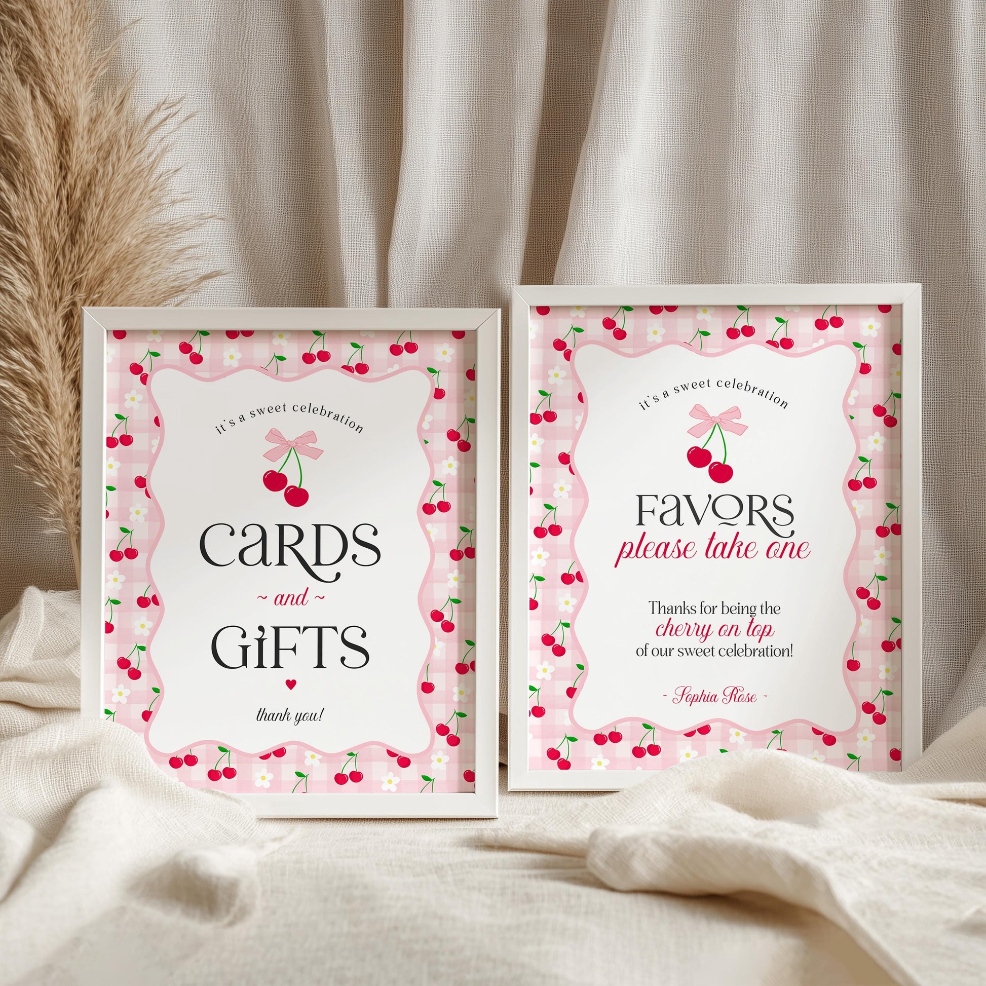 Pink Cherry Gingham Cards & Gifts and Favors Sign Template Set, Coquette Baby Shower, Pastel Bridal Brunch, Girl Birthday Party Decor WP1071