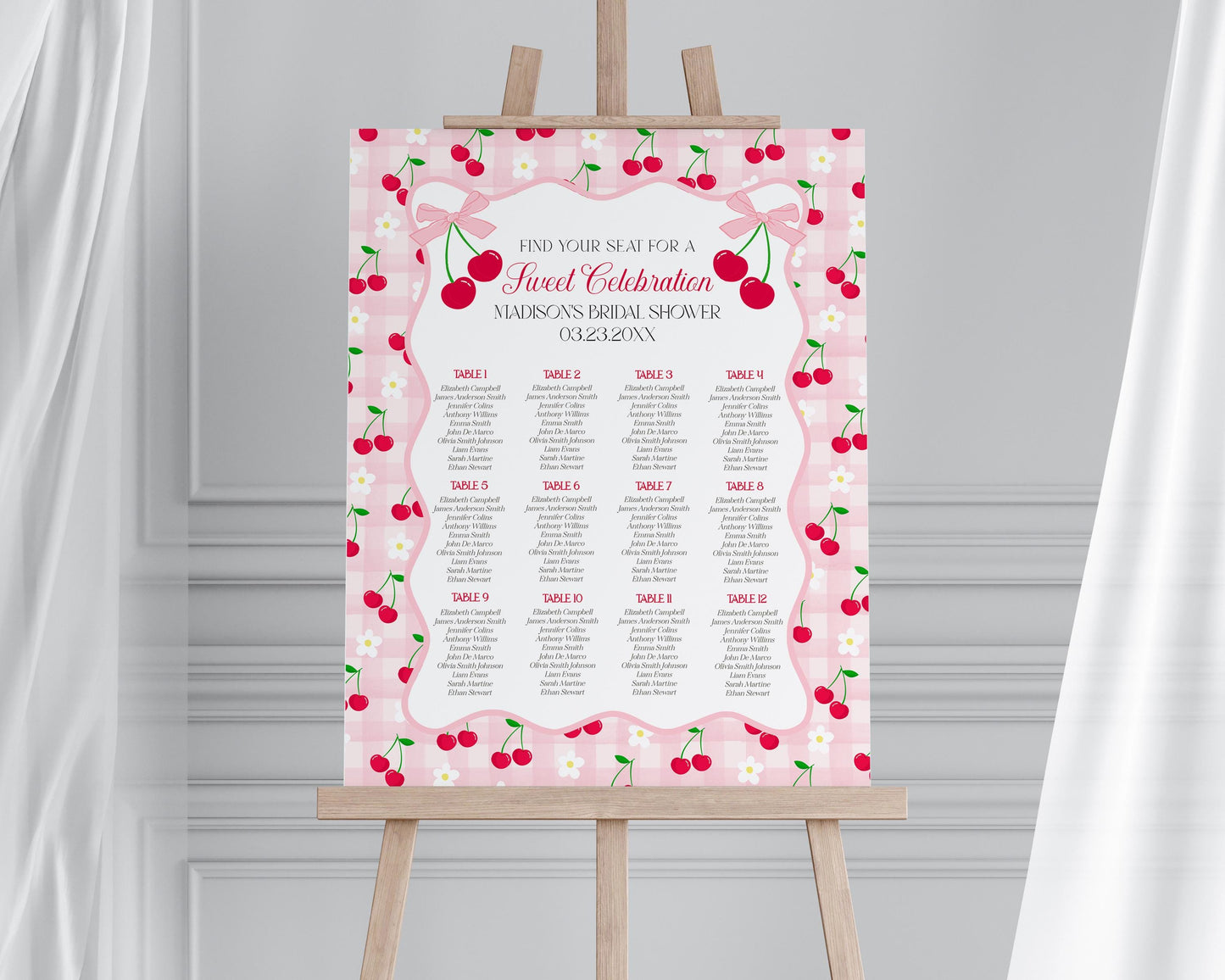 Pink Cherry Gingham Seating Chart Poster Template, Coquette Sweet Cherry Baby Sprinkle, Pastel Bridal Shower, Girl Birthday Party WP1071