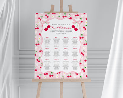 Pink Cherry Gingham Seating Chart Poster Template, Coquette Sweet Cherry Baby Sprinkle, Pastel Bridal Shower, Girl Birthday Party WP1071