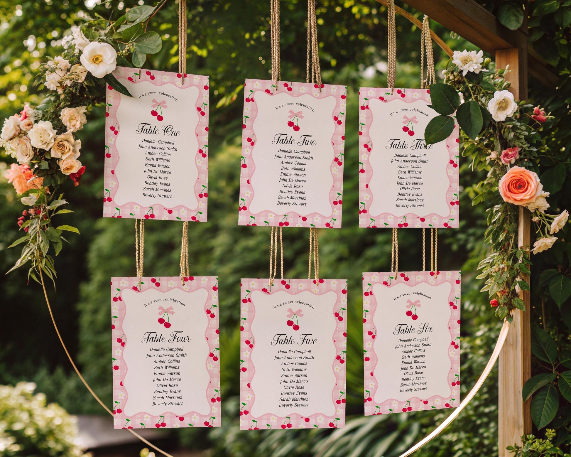 Pink Cherry Gingham Seating Chart Cards Template, Coquette Sweet Cherry Baby Sprinkle, Pastel Bridal Shower, Girl Birthday Party WP1071