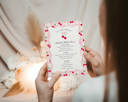 Pink Cherry Gingham Menu Template, Coquette Sweet Cherry Baby Shower, Pastel Gingham Bridal Brunch, Girl Birthday Table Decor WP1071
