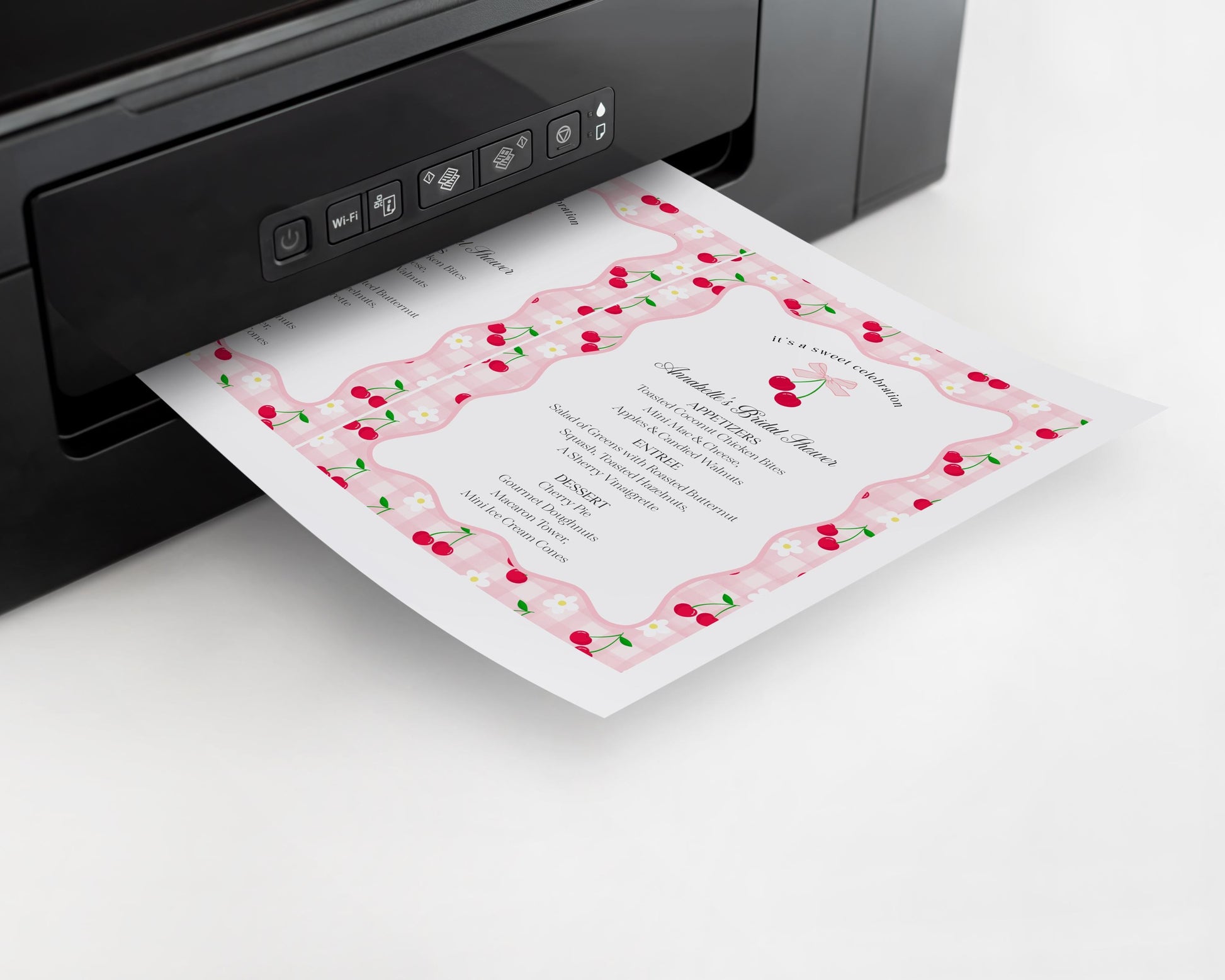 Pink Cherry Gingham Menu Template, Coquette Sweet Cherry Baby Shower, Pastel Gingham Bridal Brunch, Girl Birthday Table Decor WP1071