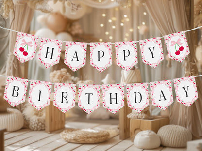 Pink Cherry Gingham Birthday Banner Template, Sweet Coquette Bow Cherry First Celebration, Pastel Gingham Party Decor WP1071