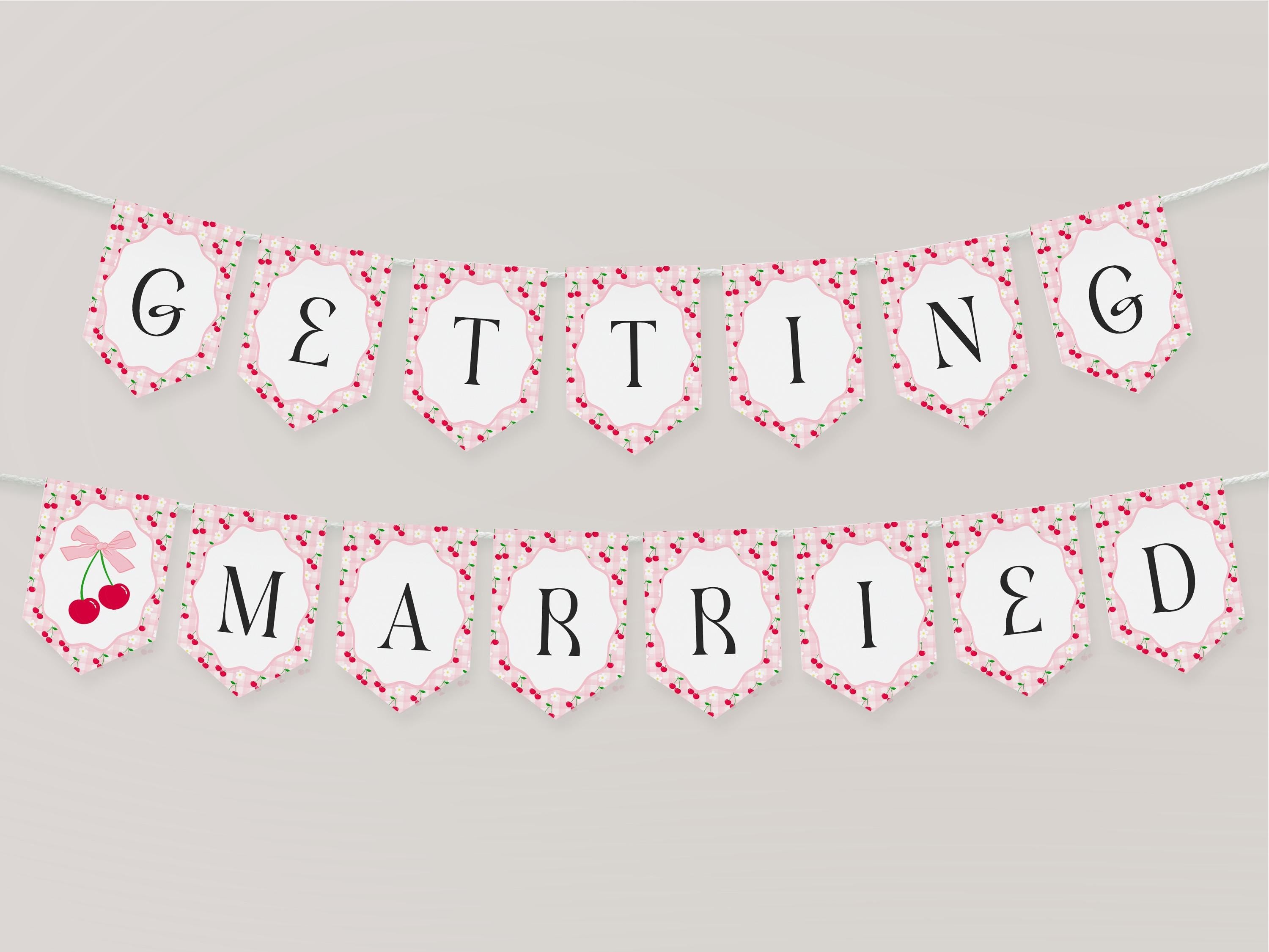 Pink Cherry Gingham Bridal Shower Banner Template, Coquette Cherry Sweet Bridal Brunch, Pastel Gingham Engagement Party Decor WP1071