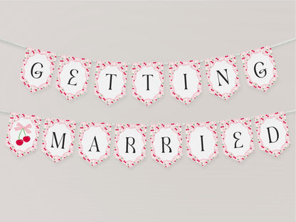 Pink Cherry Gingham Bridal Shower Banner Template, Coquette Cherry Sweet Bridal Brunch, Pastel Gingham Engagement Party Decor WP1071