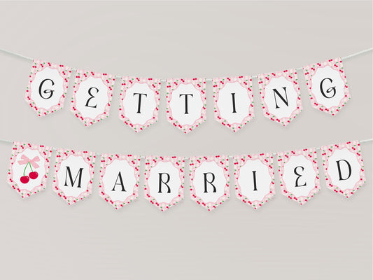 Pink Cherry Gingham Bridal Shower Banner Template, Coquette Cherry Sweet Bridal Brunch, Pastel Gingham Engagement Party Decor WP1071