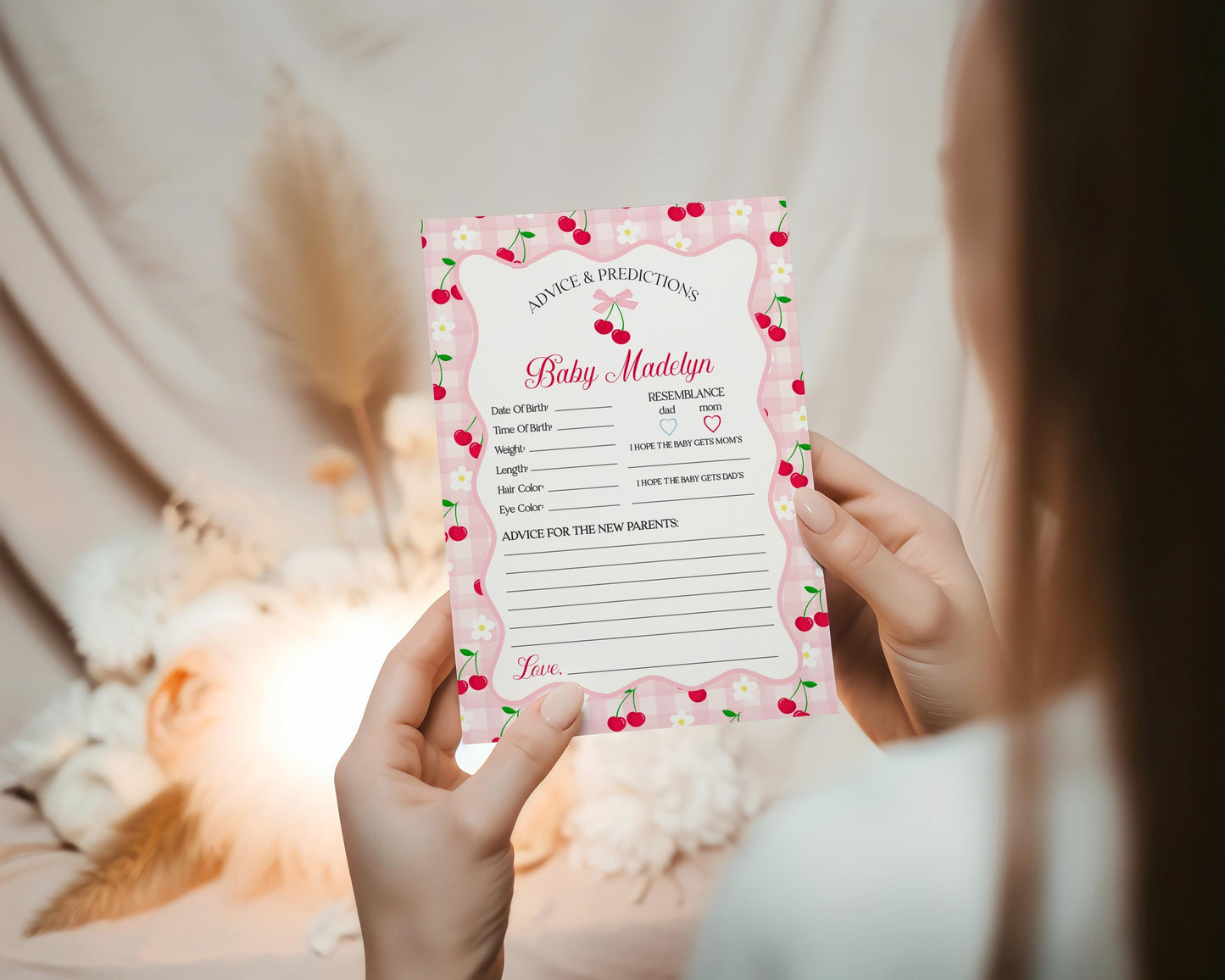 Pink Cherry Gingham Advice for Baby Cards Template, Coquette Sweet Cherry on Top Baby Sprinkle, Pastel Gingham Nesting Party Decor WP1071