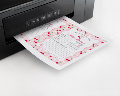 Pink Cherry Gingham Advice for Baby Cards Template, Coquette Sweet Cherry on Top Baby Sprinkle, Pastel Gingham Nesting Party Decor WP1071