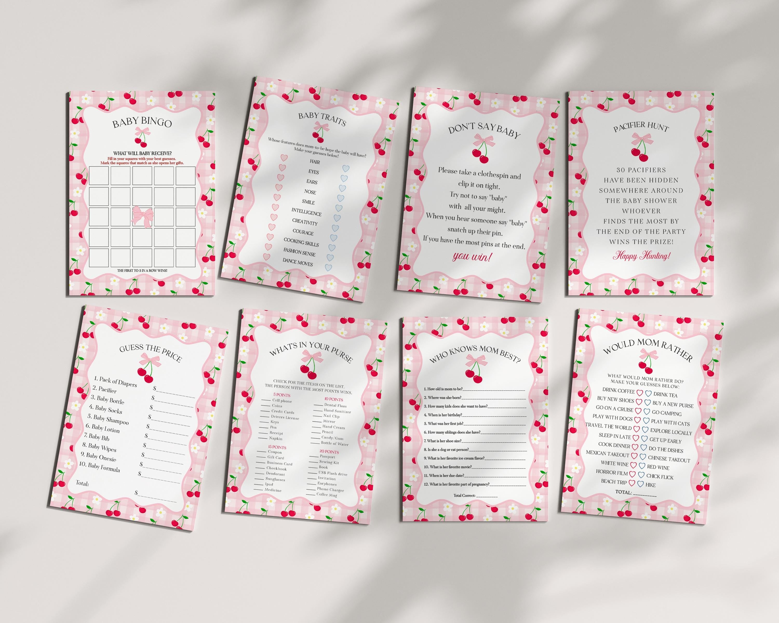 Pink Cherry Gingham Baby Shower Games Template, Coquette Sweet Cherry on Top Baby Sprinkle, Pastel Gingham Nesting Party Decor WP1071