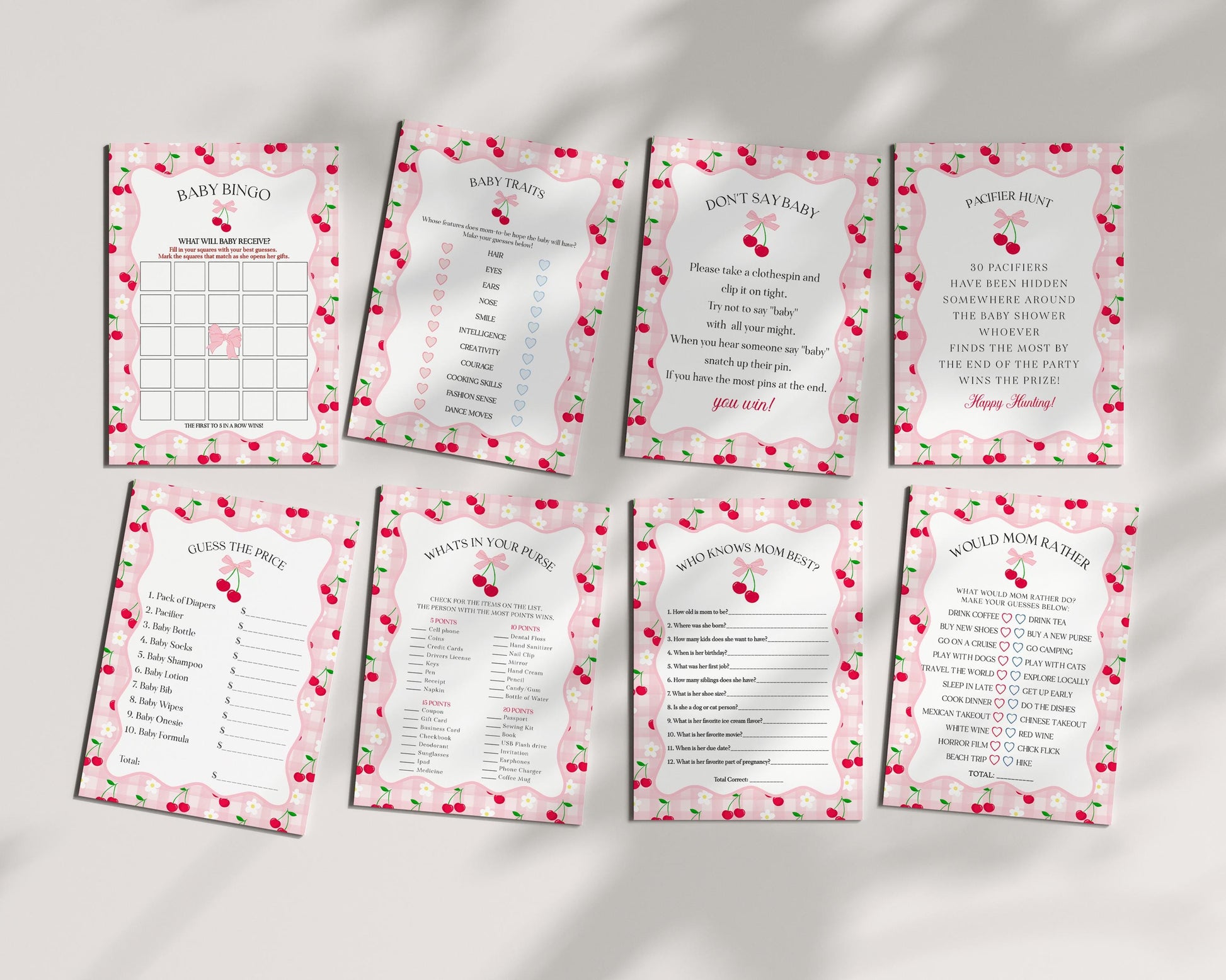 Pink Cherry Gingham Baby Shower Games Template, Coquette Sweet Cherry on Top Baby Sprinkle, Pastel Gingham Nesting Party Decor WP1071