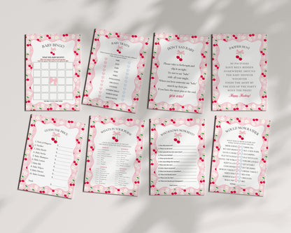 Pink Cherry Gingham Baby Shower Games Template, Coquette Sweet Cherry on Top Baby Sprinkle, Pastel Gingham Nesting Party Decor WP1071