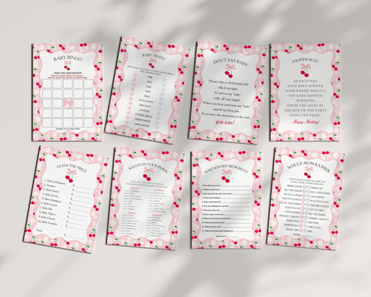 Pink Cherry Gingham Baby Shower Games Template, Coquette Sweet Cherry on Top Baby Sprinkle, Pastel Gingham Nesting Party Decor WP1071