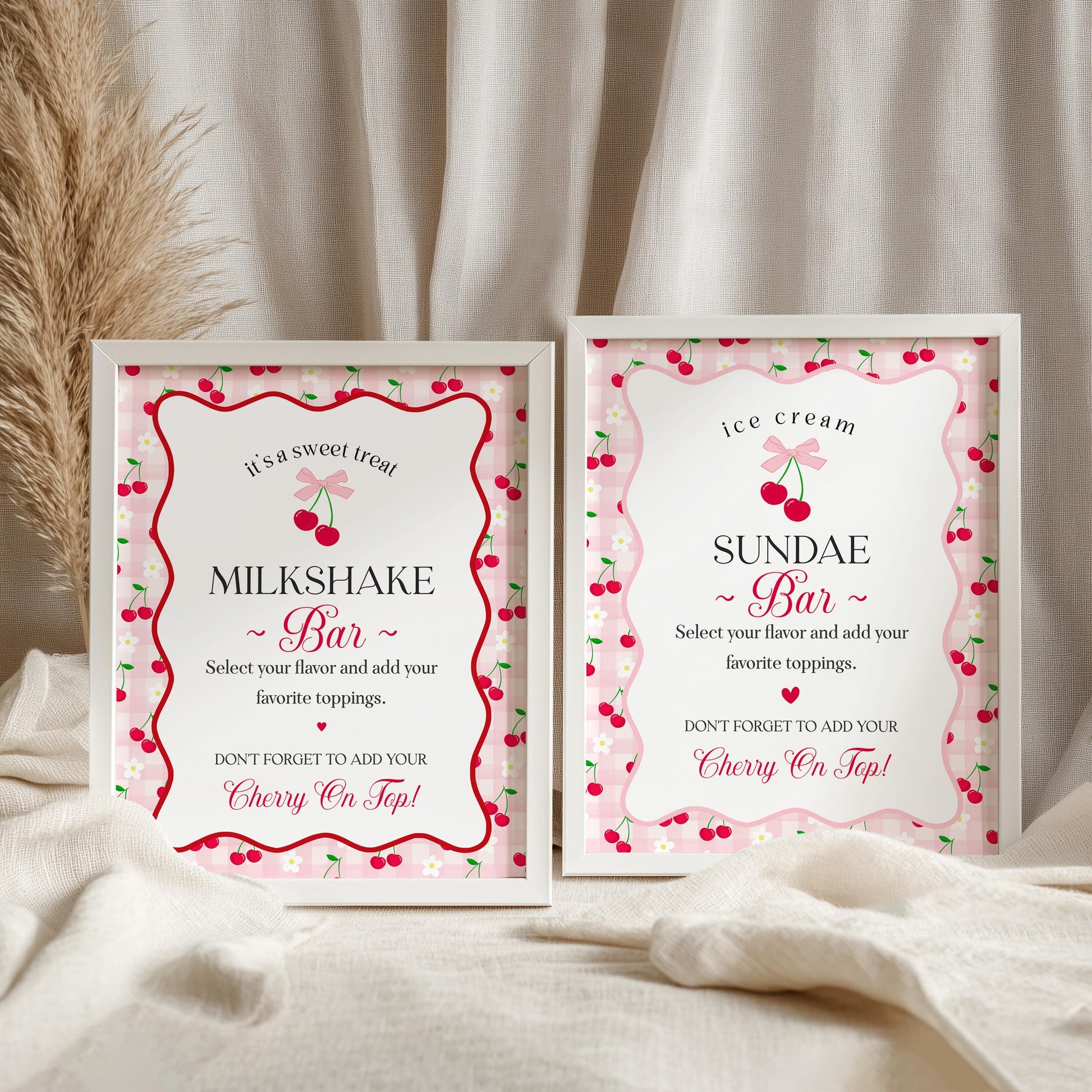 Pink Cherry Gingham Milkshake & Ice Cream Sundae Bar Sign Printable Template, Coquette Sweet Cherry Baby Shower, Pastel Bridal Brunch WP1071