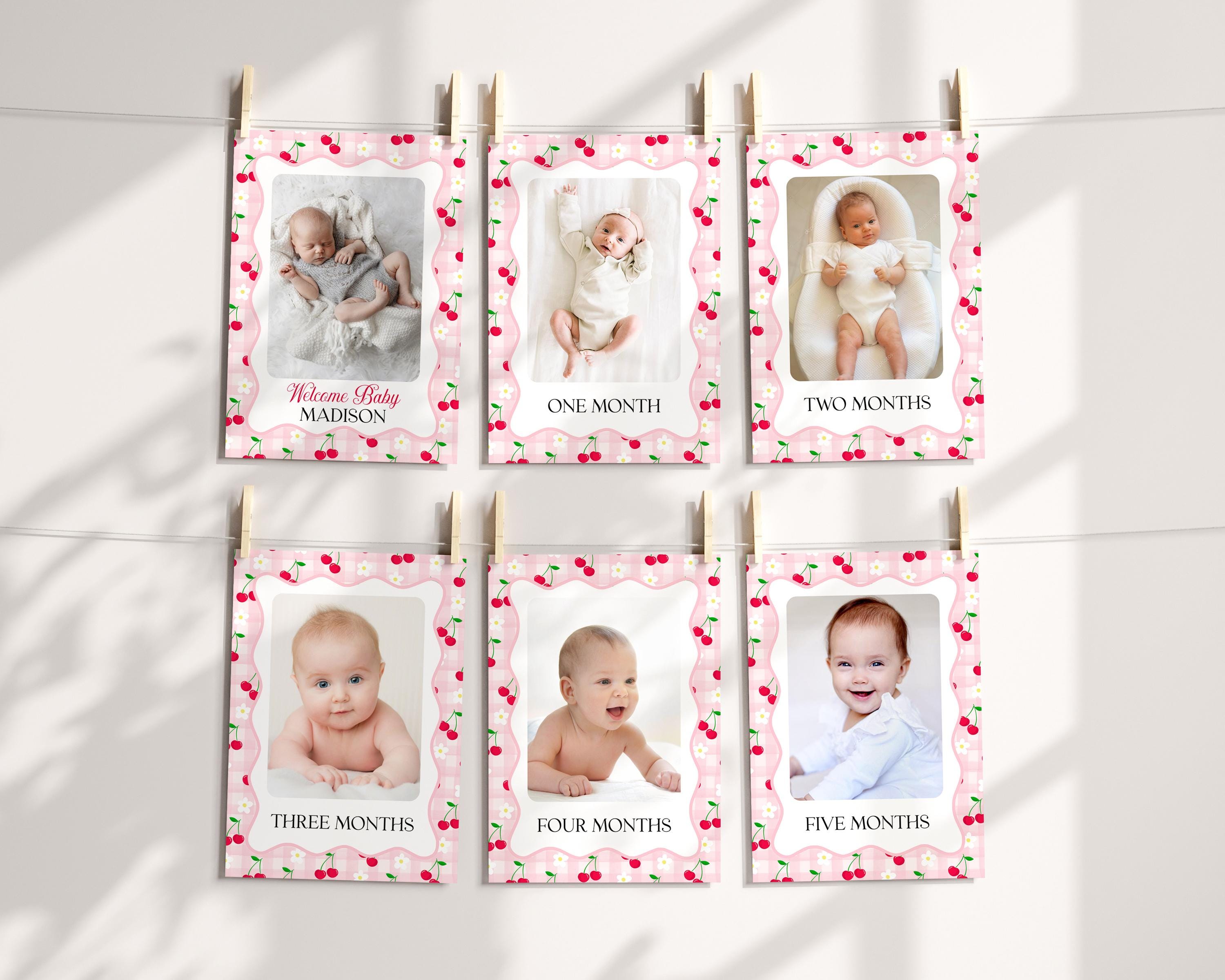 Pink Cherry Gingham 1st Birthday Milestone Banner Template, Coquette Sweet Cherry First Celebration, Pastel Gingham Party Decor WP1071