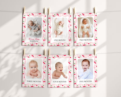 Pink Cherry Gingham 1st Birthday Milestone Banner Template, Coquette Sweet Cherry First Celebration, Pastel Gingham Party Decor WP1071