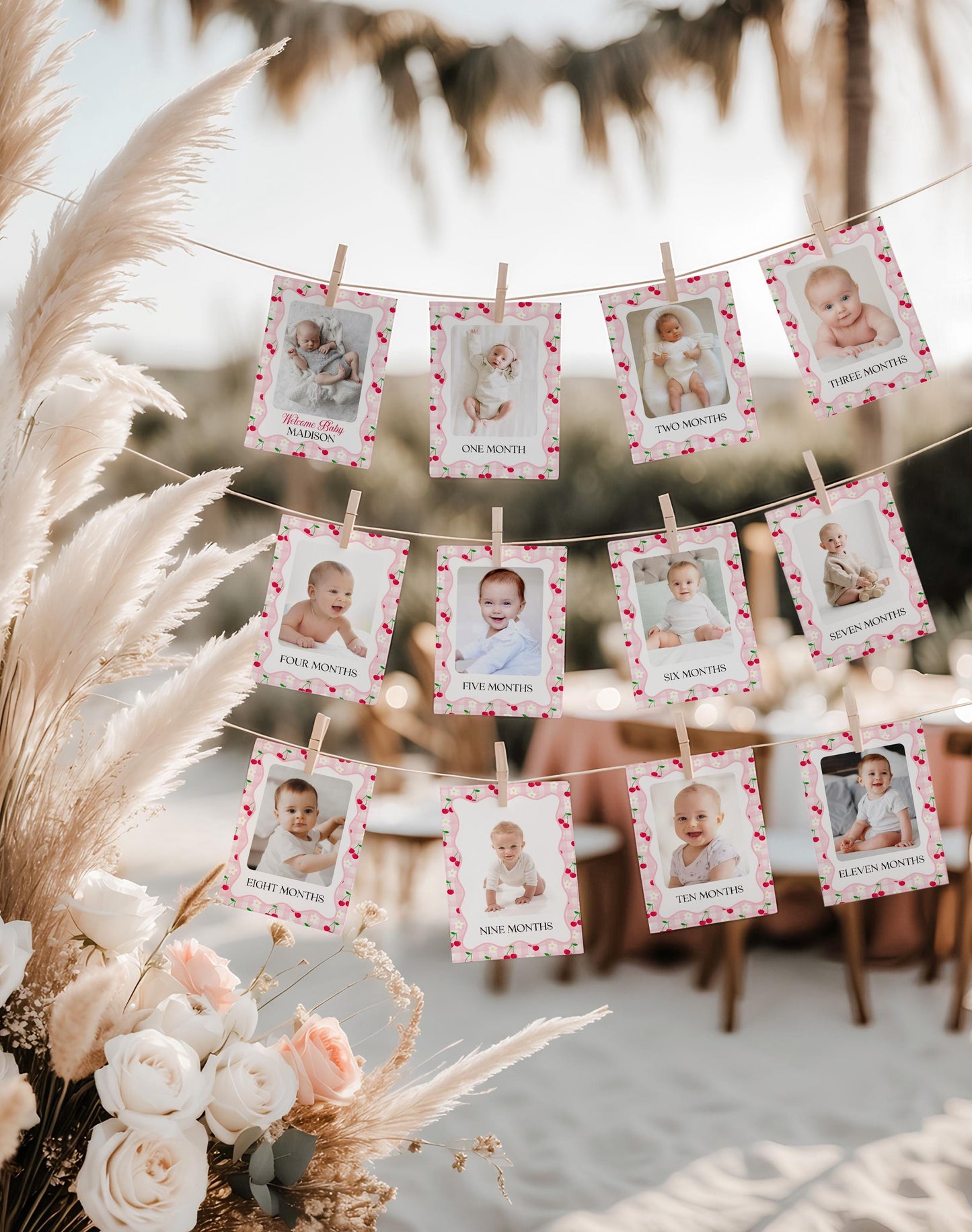 Pink Cherry Gingham 1st Birthday Milestone Banner Template, Coquette Sweet Cherry First Celebration, Pastel Gingham Party Decor WP1071