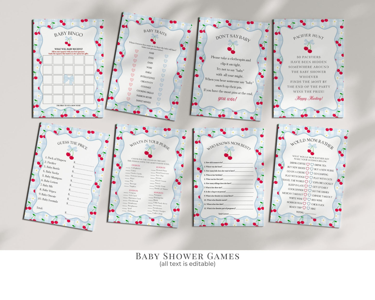 Blue Cherry Gingham Baby Shower Bundle Printable Template, Coquette Sweet Cherry on Top Baby Sprinkle, Pastel Gingham Nesting Party WP1072