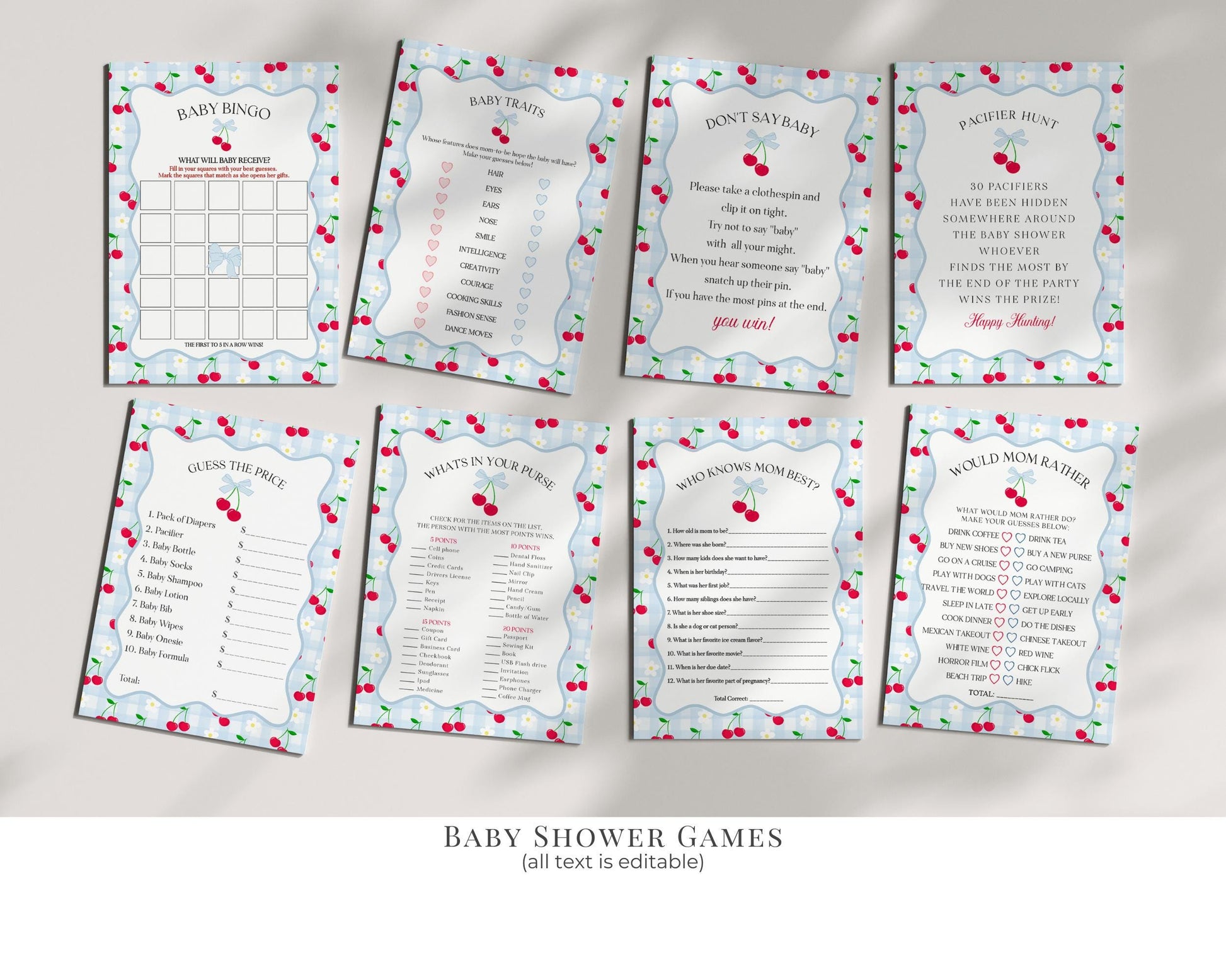 Blue Cherry Gingham Baby Shower Bundle Printable Template, Coquette Sweet Cherry on Top Baby Sprinkle, Pastel Gingham Nesting Party WP1072