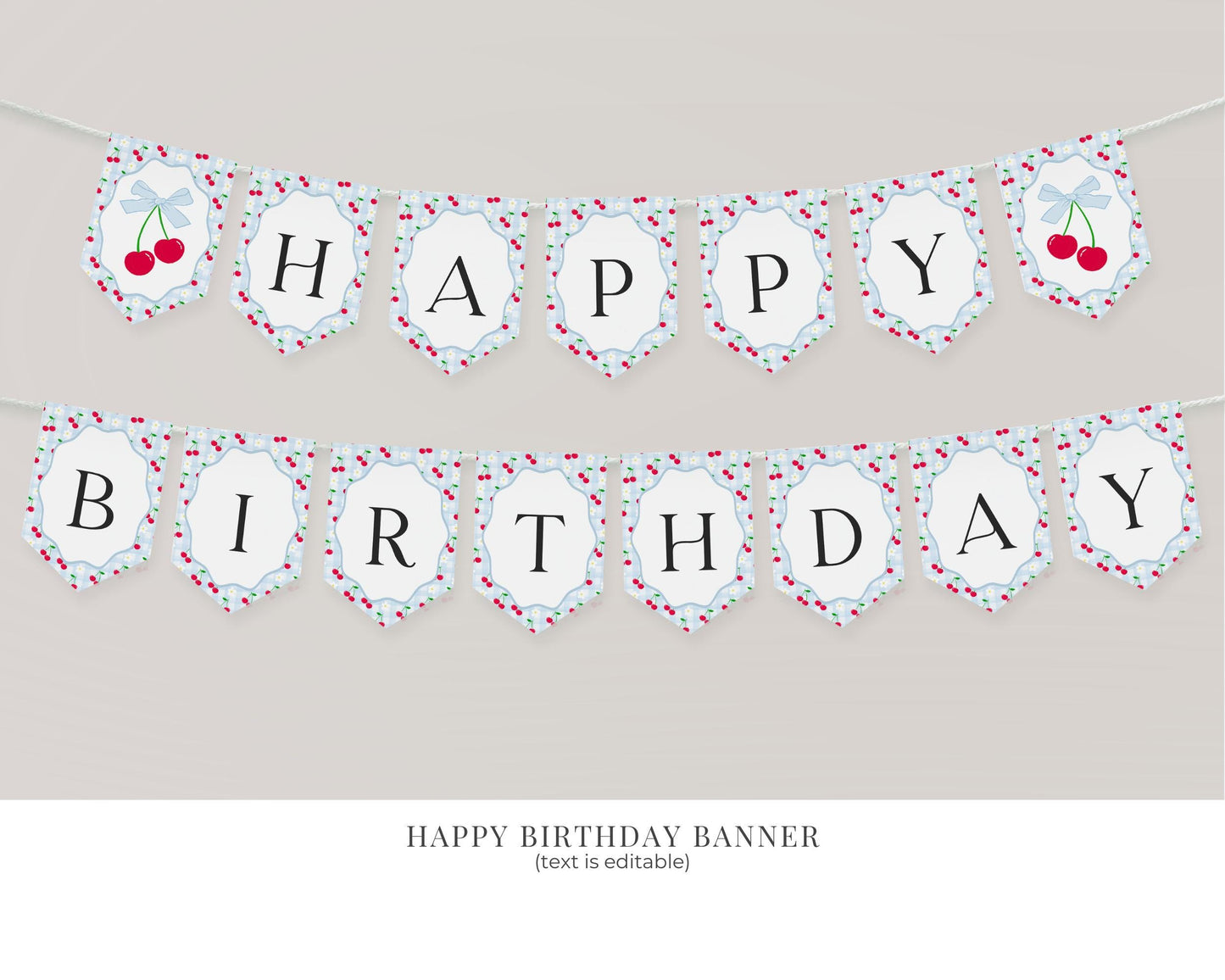 Blue Cherry Gingham First Birthday Bundle Printable Template, Coquette Sweet Cherry First Celebration, Pastel Gingham Party Decor WP1072