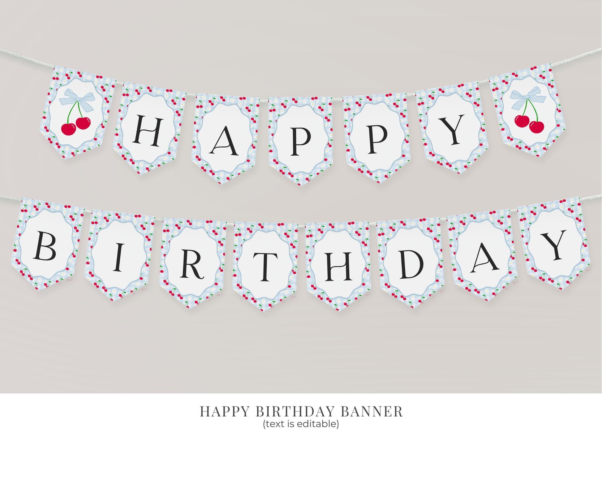 Blue Cherry Gingham First Birthday Bundle Printable Template, Coquette Sweet Cherry First Celebration, Pastel Gingham Party Decor WP1072