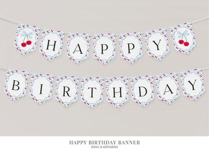 Blue Cherry Gingham First Birthday Bundle Printable Template, Coquette Sweet Cherry First Celebration, Pastel Gingham Party Decor WP1072