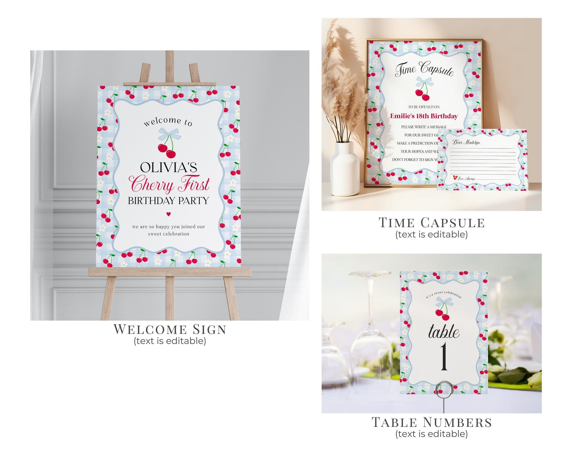 Blue Cherry Gingham First Birthday Bundle Printable Template, Coquette Sweet Cherry First Celebration, Pastel Gingham Party Decor WP1072