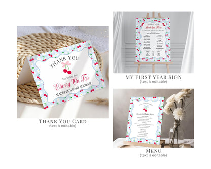 Blue Cherry Gingham First Birthday Bundle Printable Template, Coquette Sweet Cherry First Celebration, Pastel Gingham Party Decor WP1072