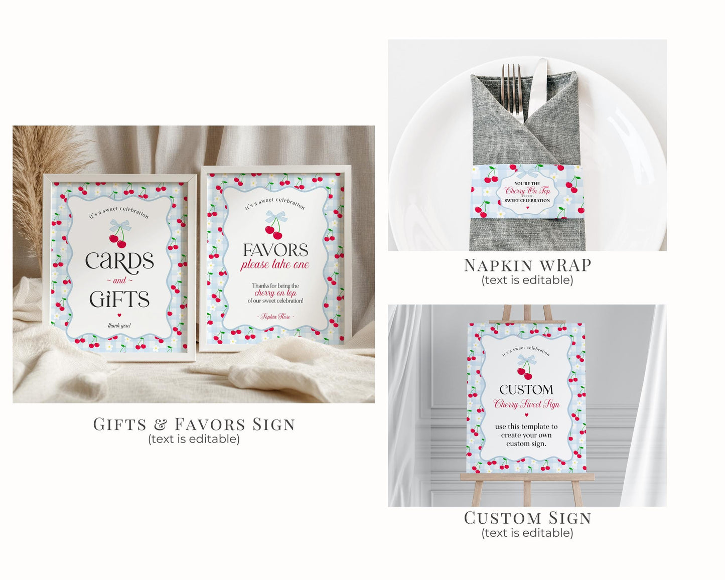 Blue Cherry Gingham Birthday Bundle Printable Template, Coquette Cherry Sweet Birthday Celebration, Pastel Gingham Party Decor WP1072