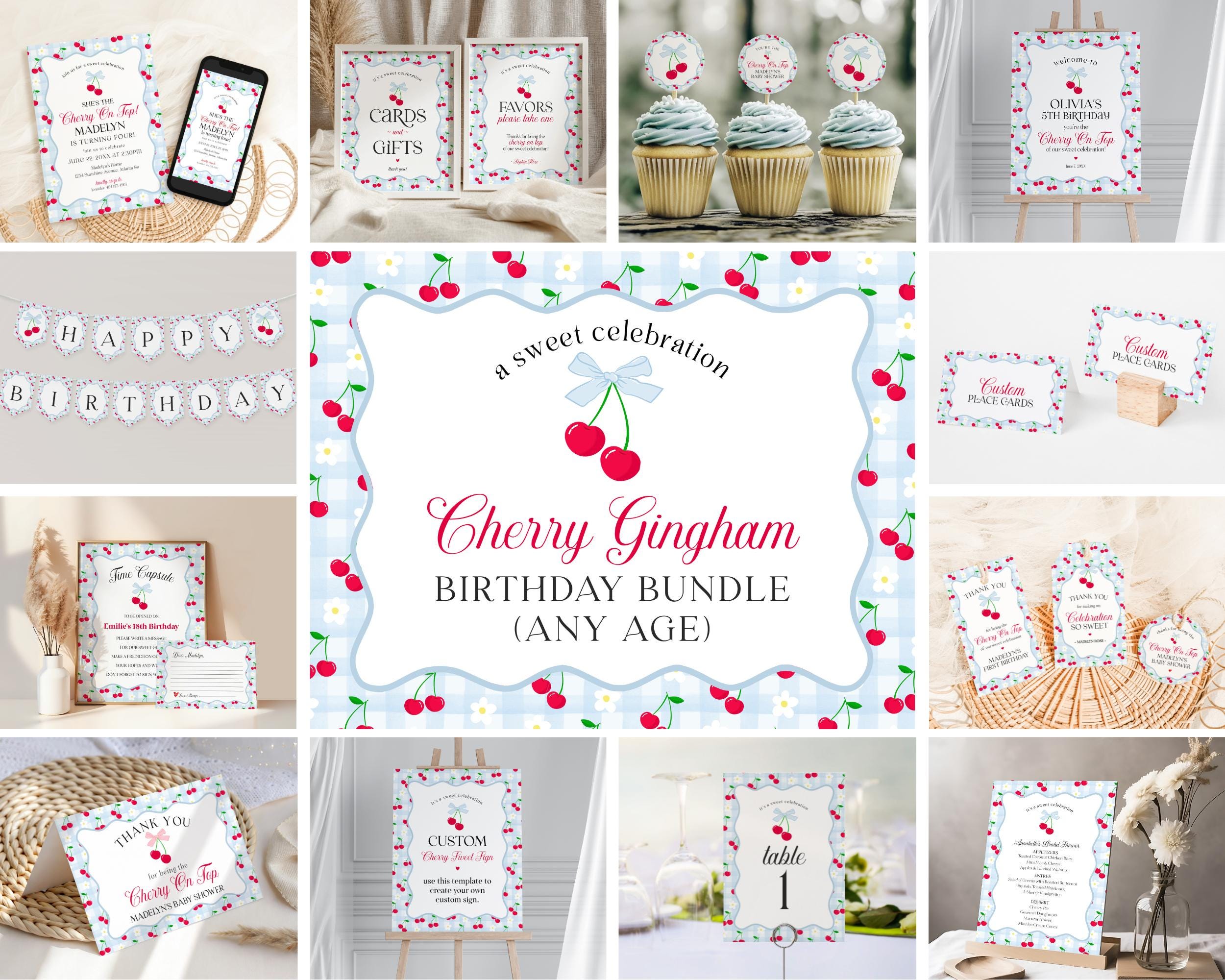 Blue Cherry Gingham Birthday Bundle Printable Template, Coquette Cherry Sweet Birthday Celebration, Pastel Gingham Party Decor WP1072