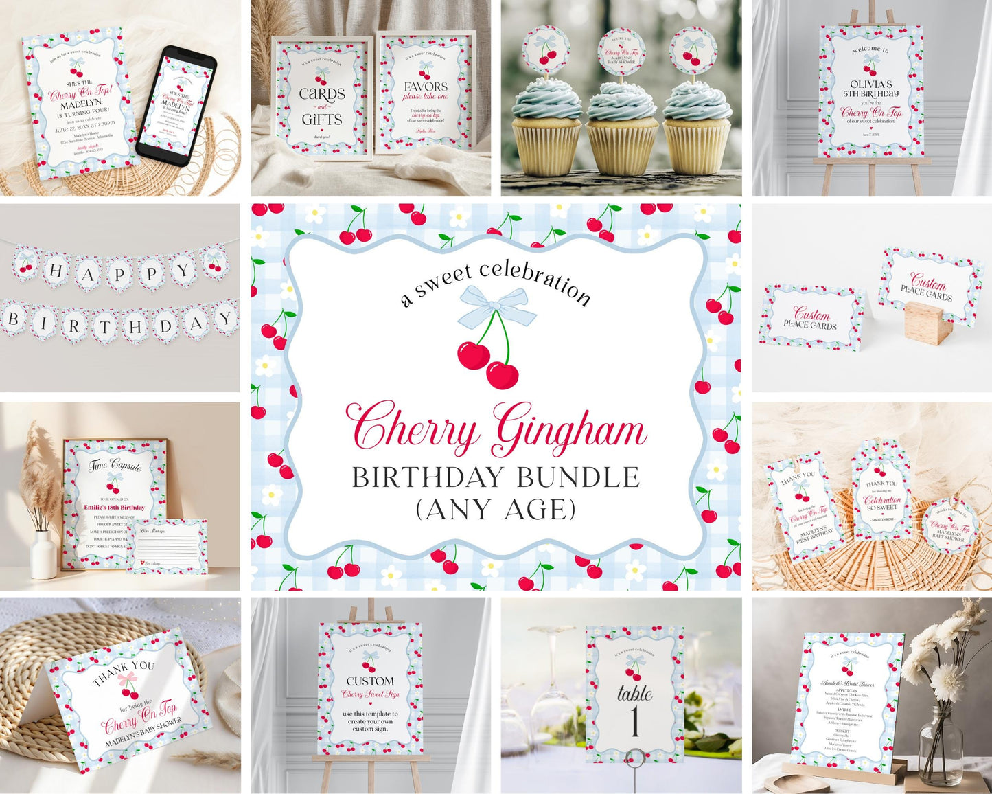 Blue Cherry Gingham Birthday Bundle Printable Template, Coquette Cherry Sweet Birthday Celebration, Pastel Gingham Party Decor WP1072