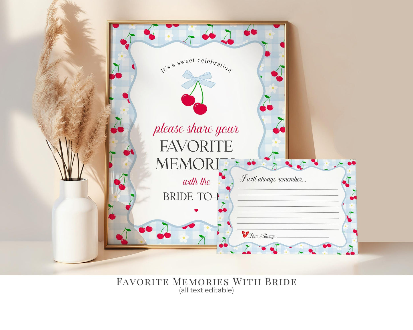 Blue Cherry Gingham Bachelorette Bundle Template, Coquette Cherry Sweet Hen Party, Pastel Gingham Engagement Girls Night Decor WP1072