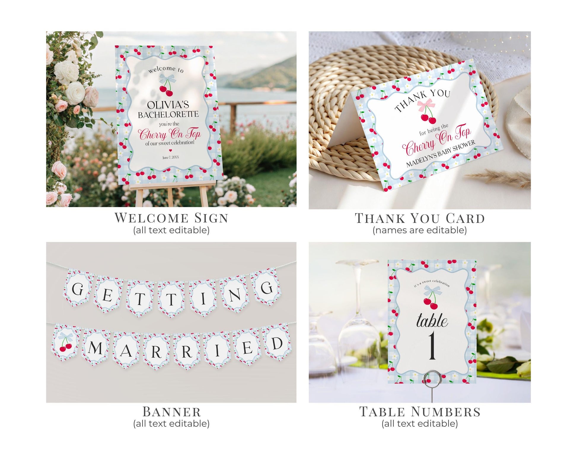 Blue Cherry Gingham Bachelorette Bundle Template, Coquette Cherry Sweet Hen Party, Pastel Gingham Engagement Girls Night Decor WP1072