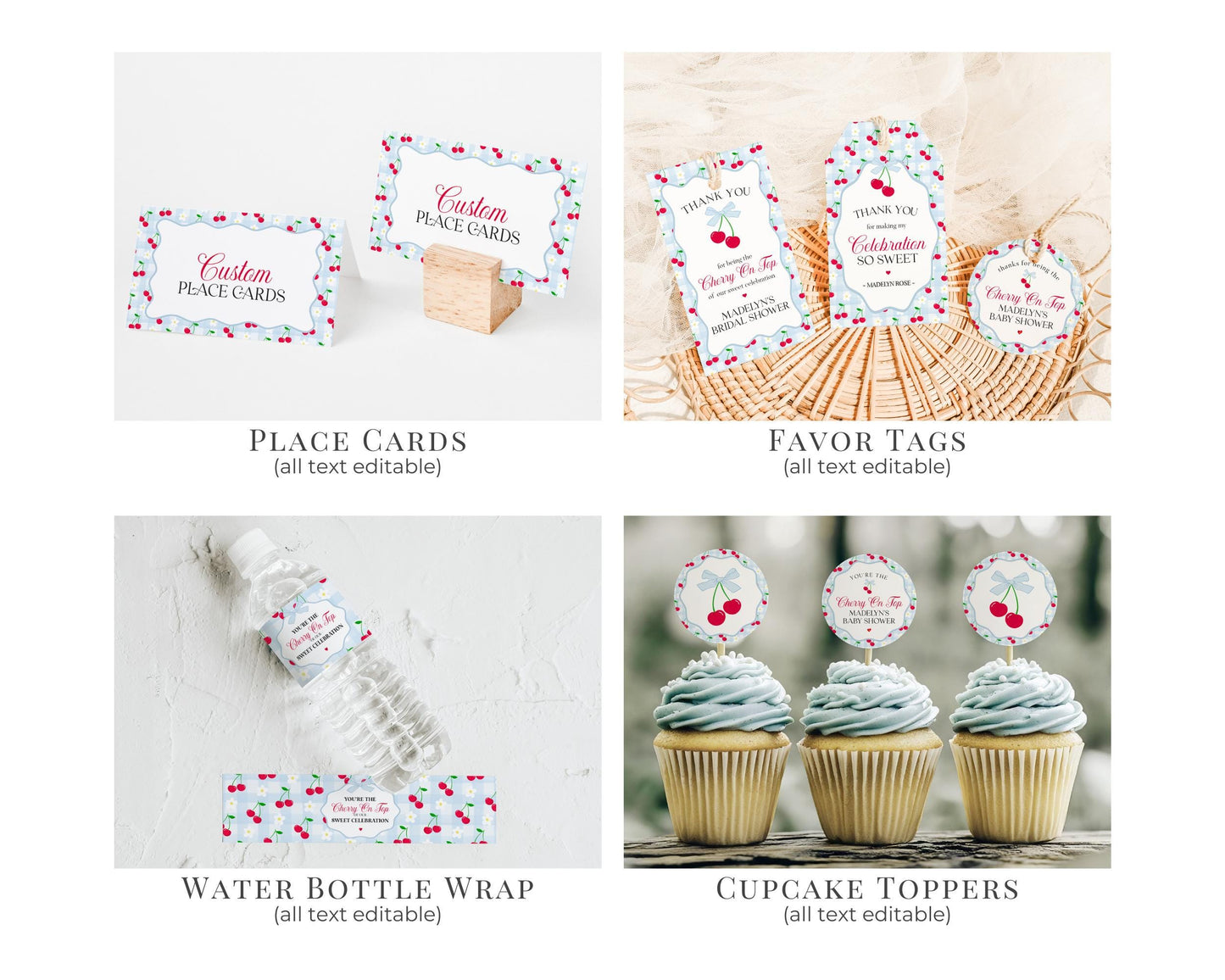 Blue Cherry Gingham Bachelorette Bundle Template, Coquette Cherry Sweet Hen Party, Pastel Gingham Engagement Girls Night Decor WP1072