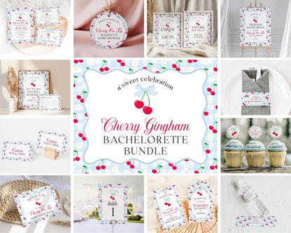 Blue Cherry Gingham Bachelorette Bundle Template, Coquette Cherry Sweet Hen Party, Pastel Gingham Engagement Girls Night Decor WP1072