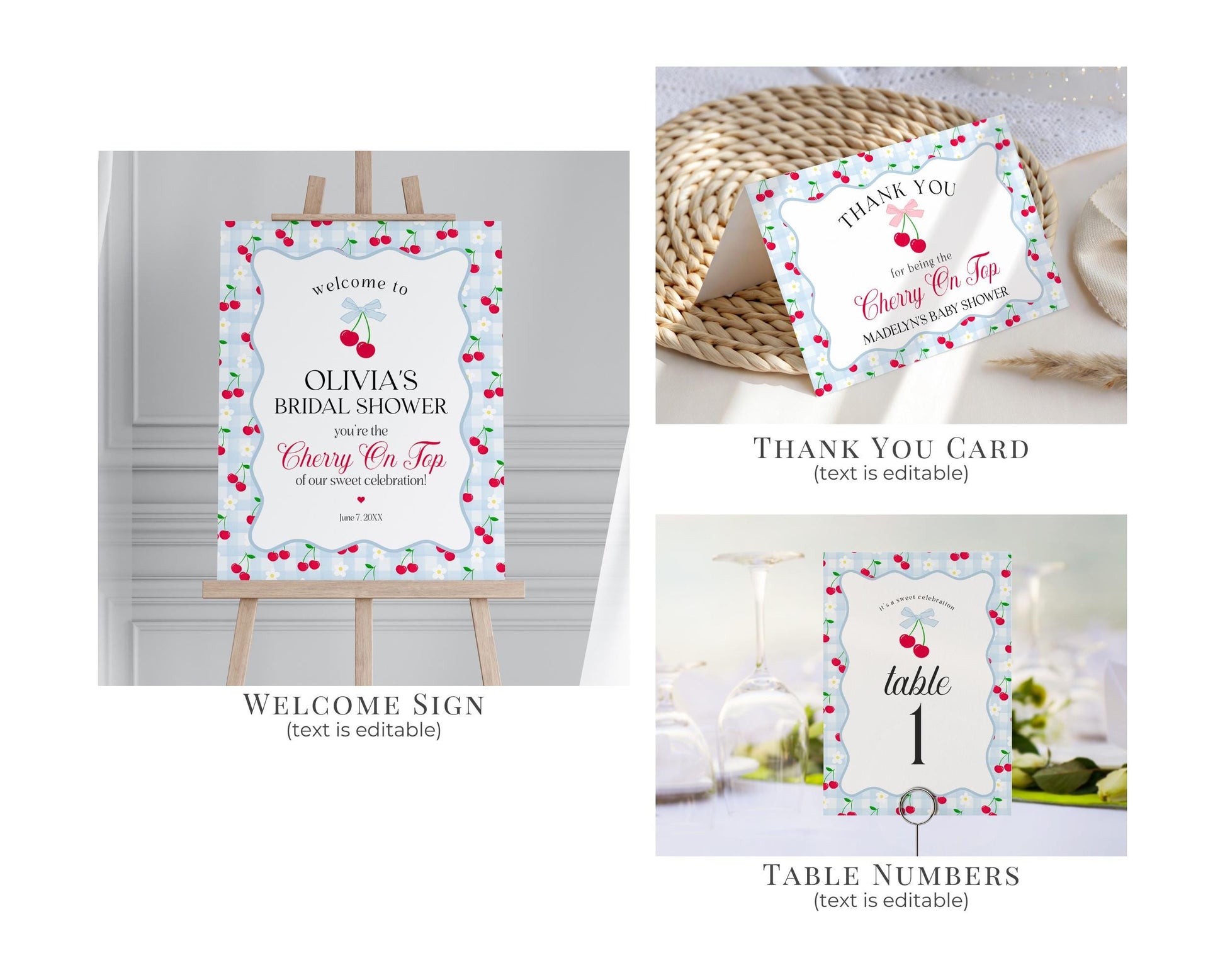 Blue Cherry Gingham Bridal Shower Bundle Printable Template, Coquette Cherry Sweet Bridal Brunch, Pastel Engagement Party Decor WP1072