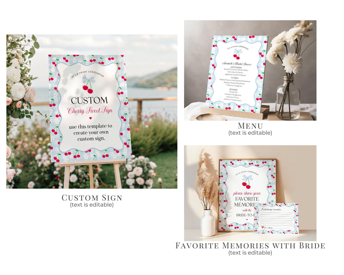Blue Cherry Gingham Bridal Shower Bundle Printable Template, Coquette Cherry Sweet Bridal Brunch, Pastel Engagement Party Decor WP1072