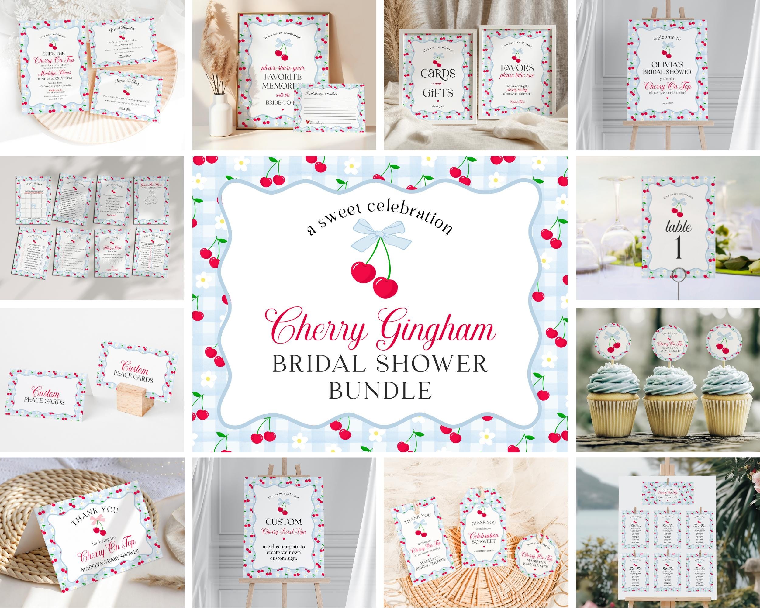 Blue Cherry Gingham Bridal Shower Bundle Printable Template, Coquette Cherry Sweet Bridal Brunch, Pastel Engagement Party Decor WP1072
